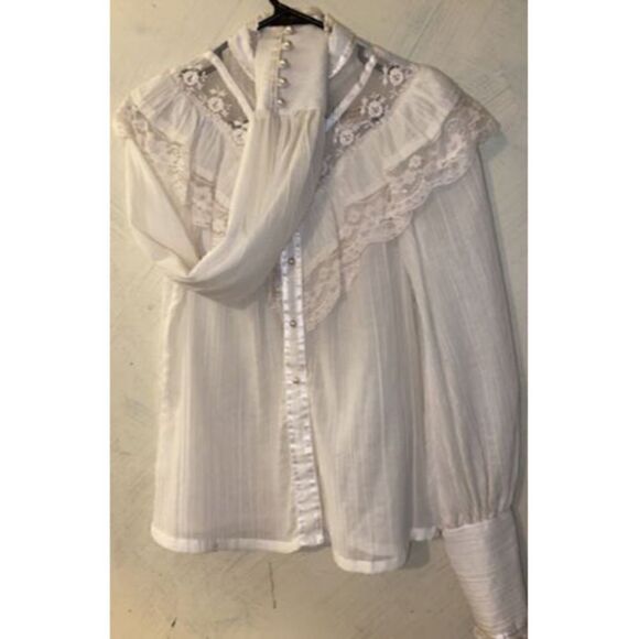 Vtg 1970s Gunne Sax Jessica's Gunnies Victorian High Neck Blouse Ivory Pearls M - Picture 2 of 12